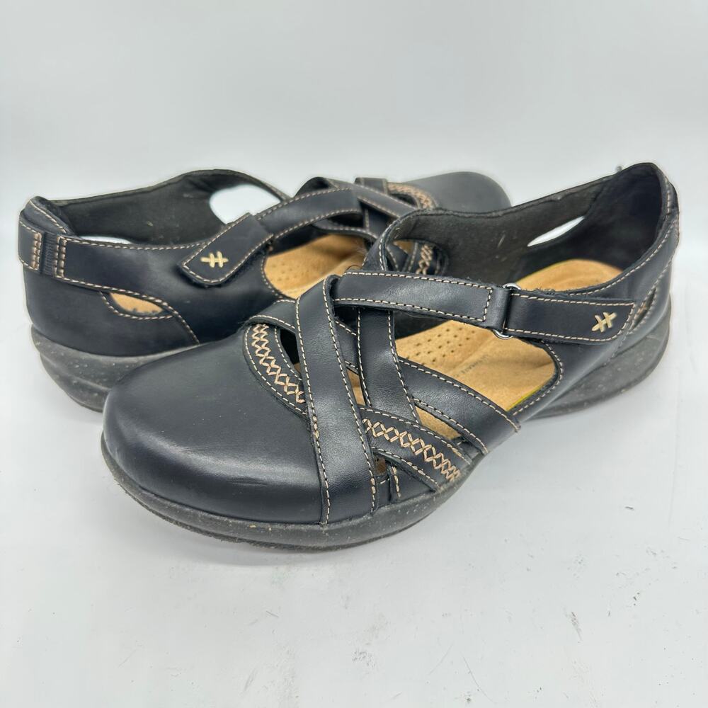 Clarks Roseville Step Mary Jane Black Leather Strappy Flats Contrast Stitch 7.5